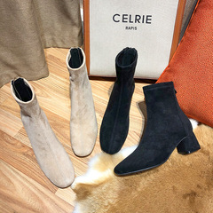 Fuhao Suede Short Boots Women's Thick Heel Women's Boots 2022 New Style Round Toe Fashion Medium Heel Low-top Shoes Autumn and Winter Women's Boots