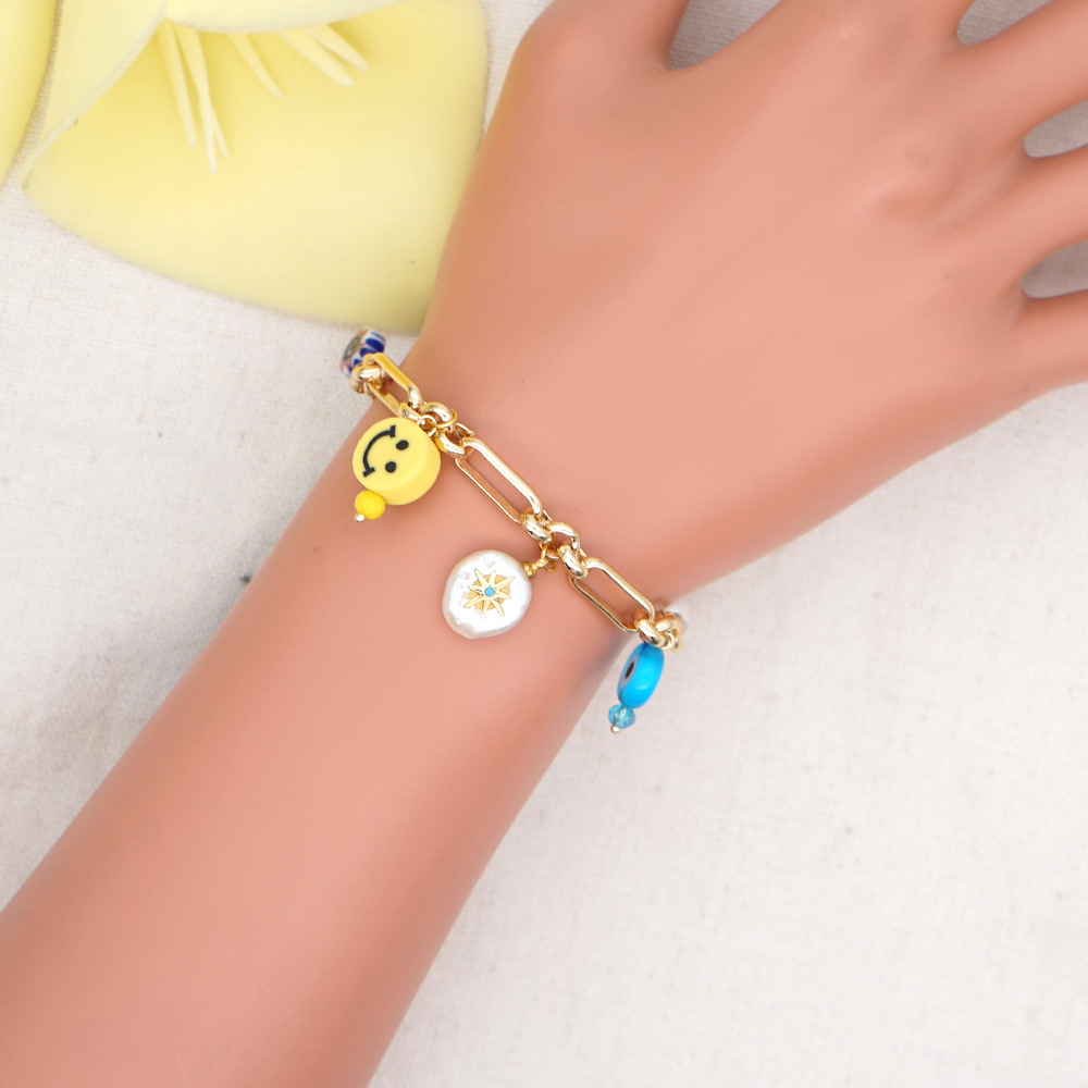 Kreative Mode Edelstahl Armband Süßwasserperle Smiley Glas Blume Perlen Armband display picture 1
