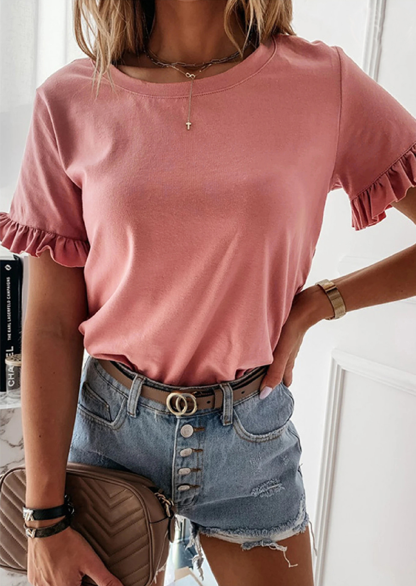 women s solid color short-sleeved ruffled round neck T-shirt  NSKX8469