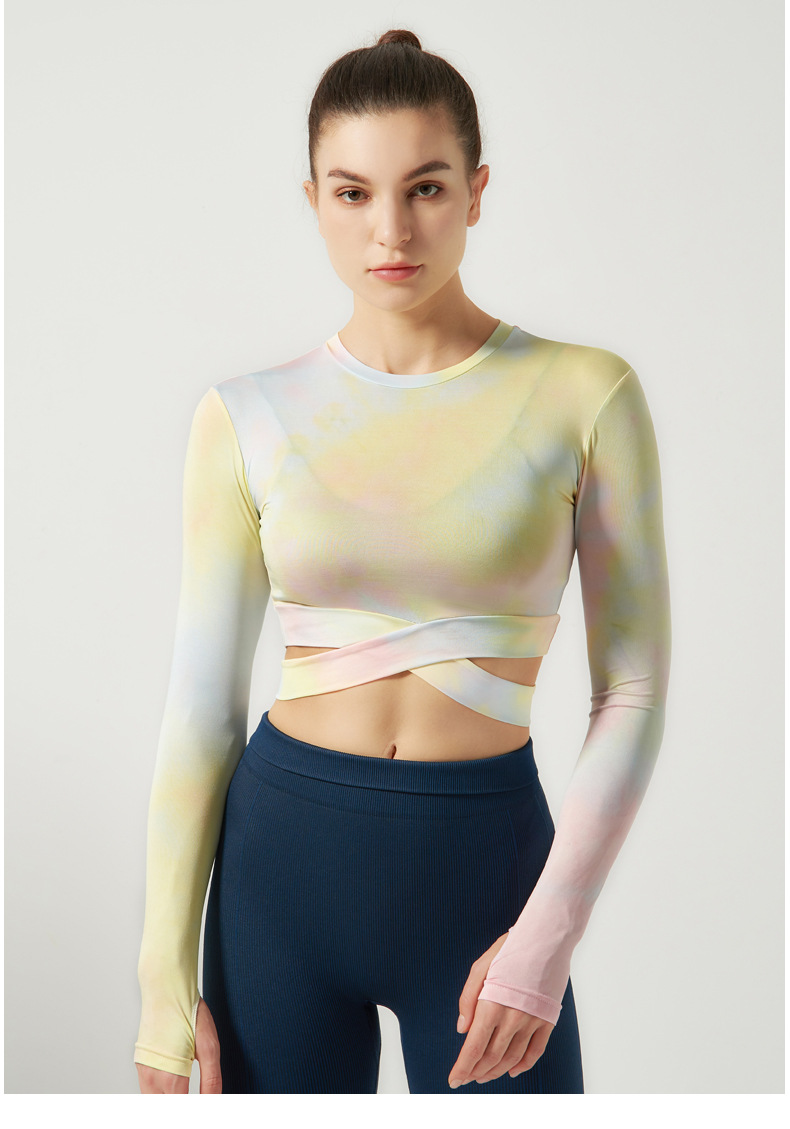 Long Sleeve Tie Dye Slim O-neck Asymmetrical Activewear Crop Top