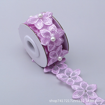 En stock 3,3 cm de una sola capa de flores bordadas de seis pétalos de flores orden perla encaje de organza de encaje ropa de falda de DIY