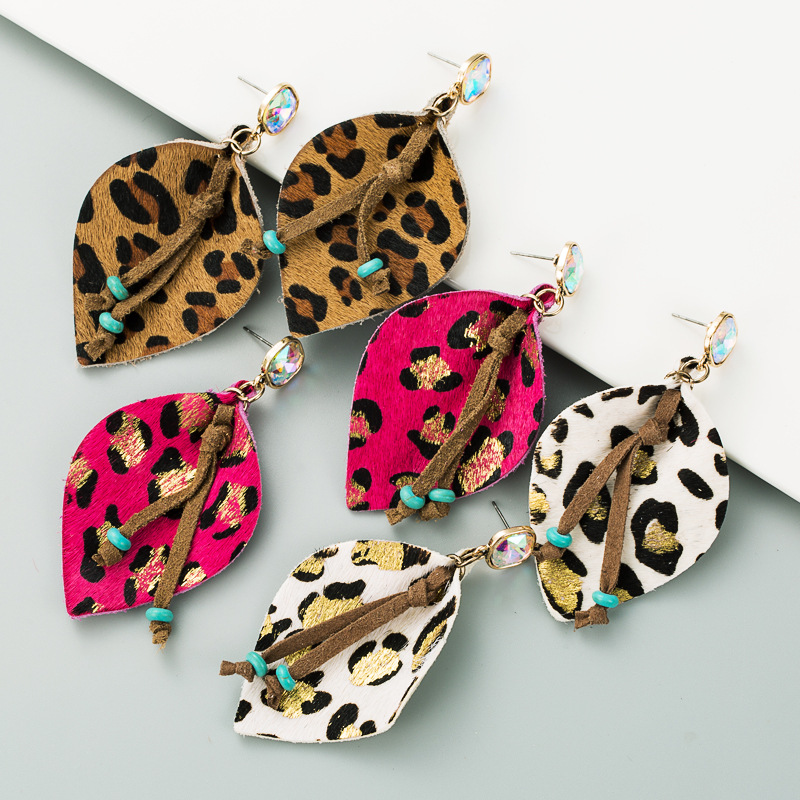 Leather Leopard Print Bronzing Diamond Earrings display picture 2