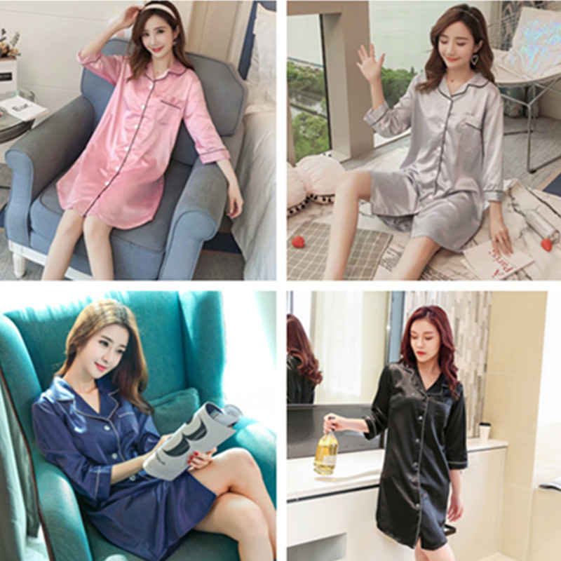 Pajamas Silk Nightgown Long Sleeves Dres...