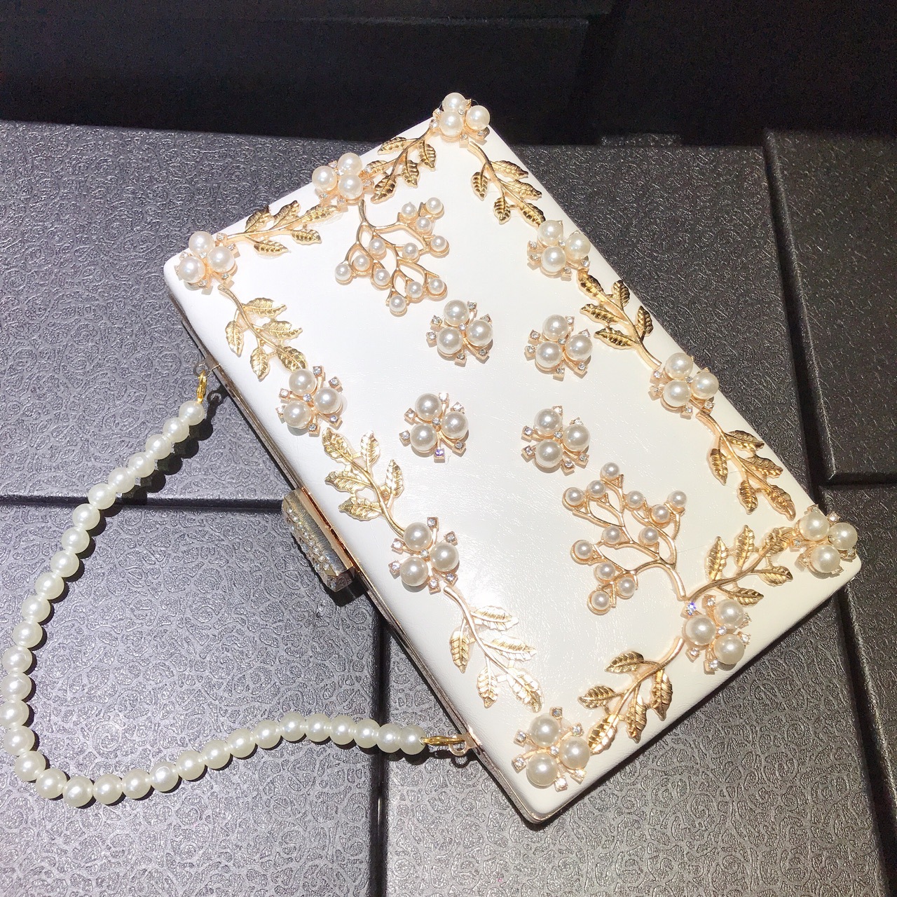 Túi clutch nữ đính đá dạ hội hình vuông nhỏ da nạm kim cương — Màu trắng chi tiết 2