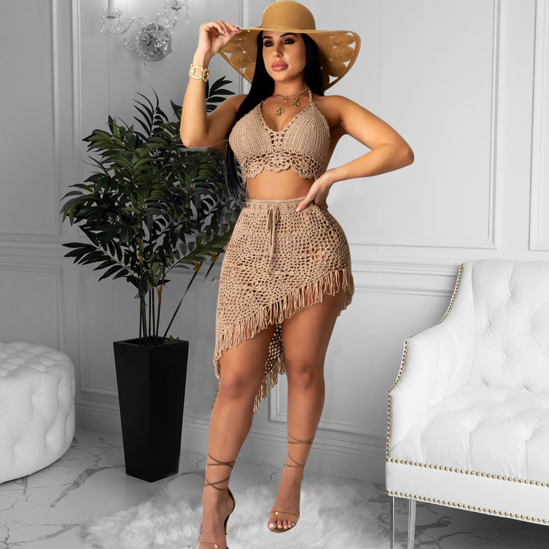 Hot Sale European And American Women's Fashion Sexy Handmade Crochet Tassel Casual Beach Swimwear Set_ecoleips.com