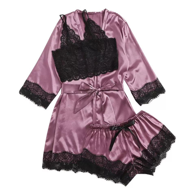 Production wholesale sexy pajamas women's perspective lace kimono suit sexy lingerie three-piece set