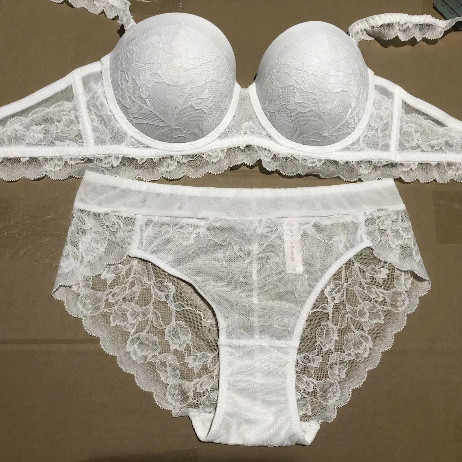 New Sexy Lace Overlay Half Cup Gathering Women's Bra Set Wedding Off the Shoulder Underwear_voghion.com