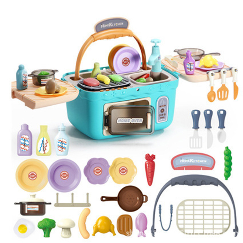 儿童野餐小厨野炊手提篮仿真多功能可出水微波炉做饭过家家玩具