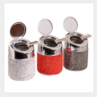 亚马逊热销不锈钢车用烟灰缸镶钻多功能车载置物盒汽车内饰居摆件