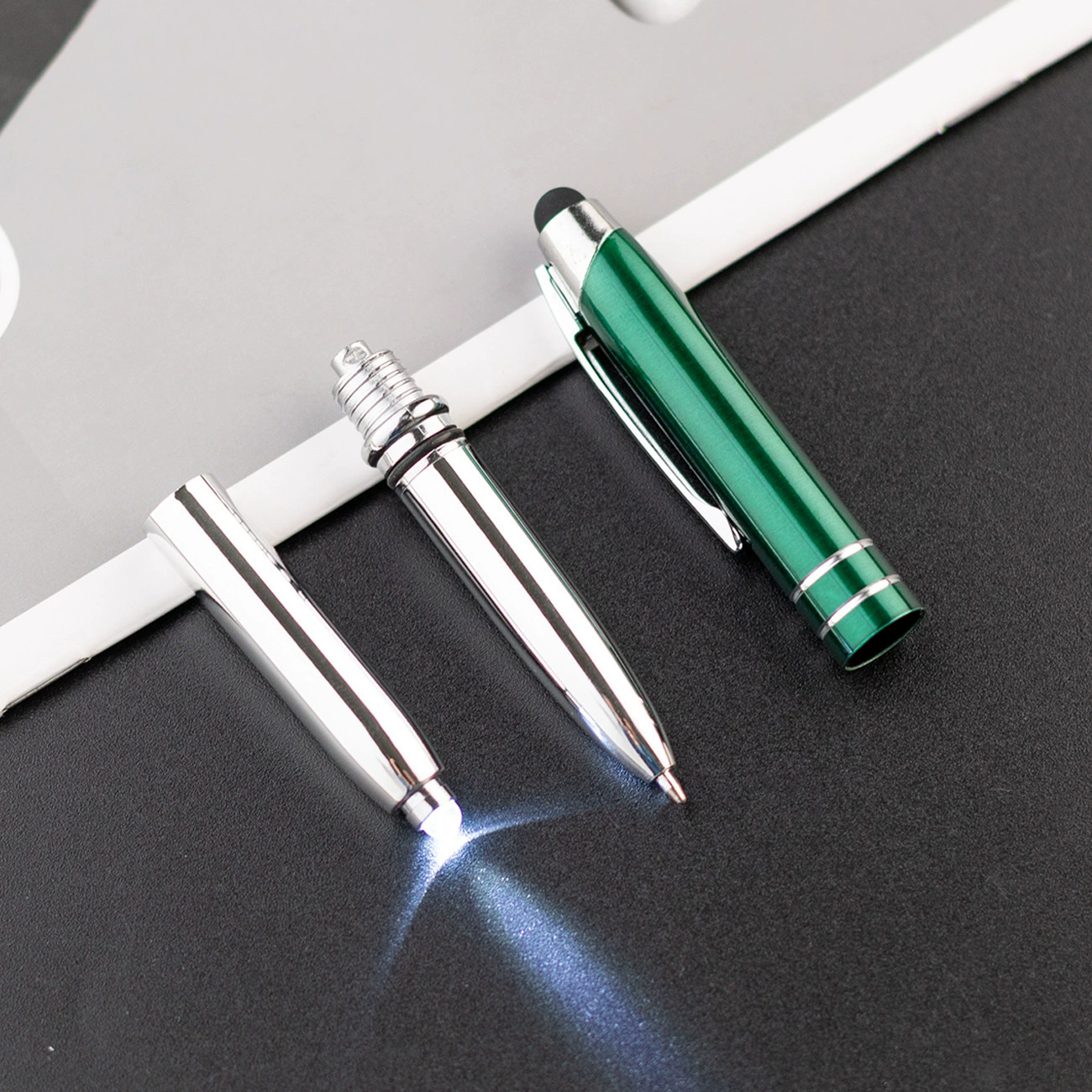 Metal LED universal ballpoint pen, bulb, three in one, wholesale