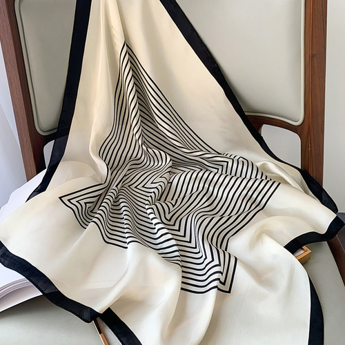 Spring and Autumn New European and American Striped Simulated Silk Square Scarf Female Professional Stewardess Scarf Summer Fashion Sunscreen Silk Scarf