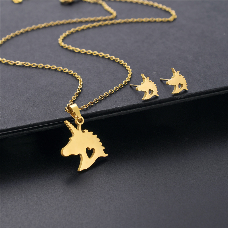 stainless steel unicorn earrings necklace set animal necklace clavicle chain