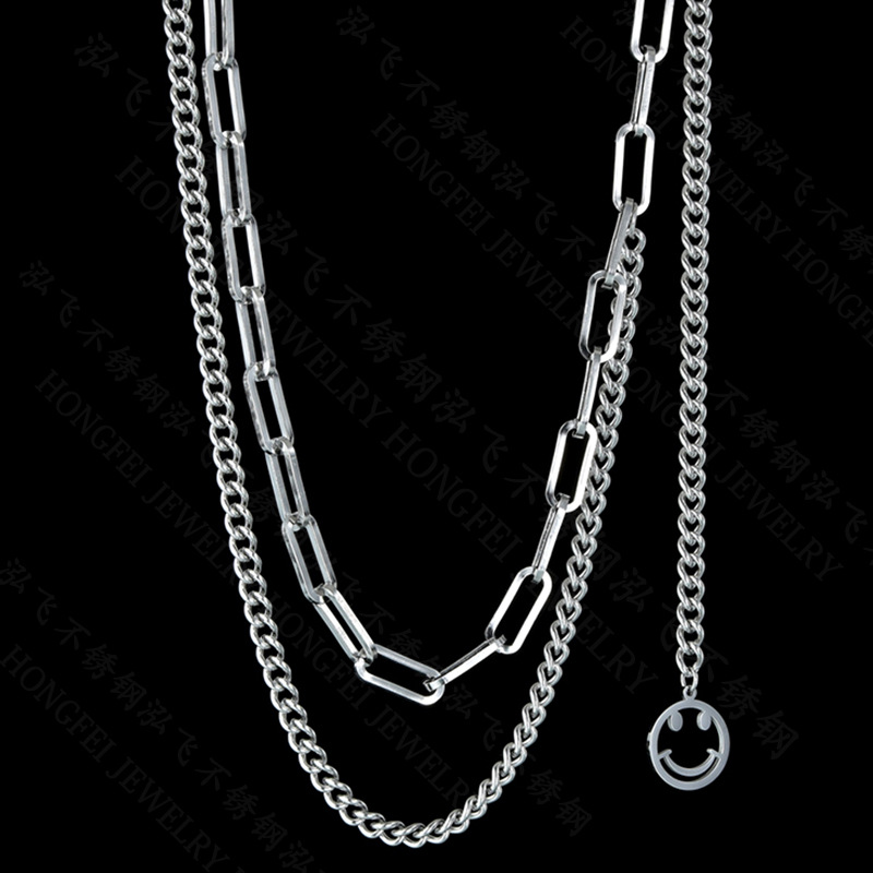 Korean smiley face doublelayer titanium steel clavicle chain hip hop vibrato necklacepicture5