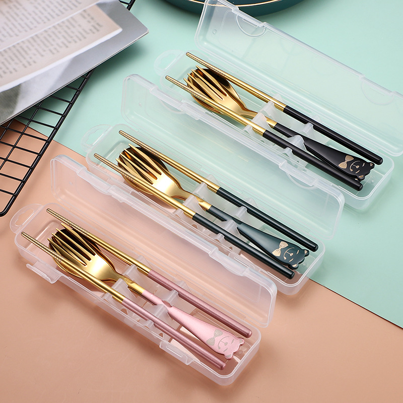 304 스테인레스 스틸 휴대용 식기 3 피스 만화 학생 야외 여행 숟가락 포크 젓가락 세트 사용자 정의 로고