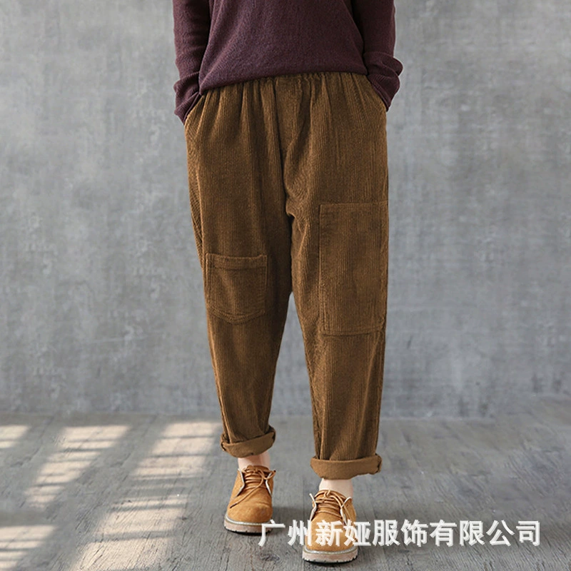 Вельветовые брюки, женские осенне-зимние однотонные брюки большого размера с несколькими карманами, женские брюки на резинке с поясом, узкие женские брюки