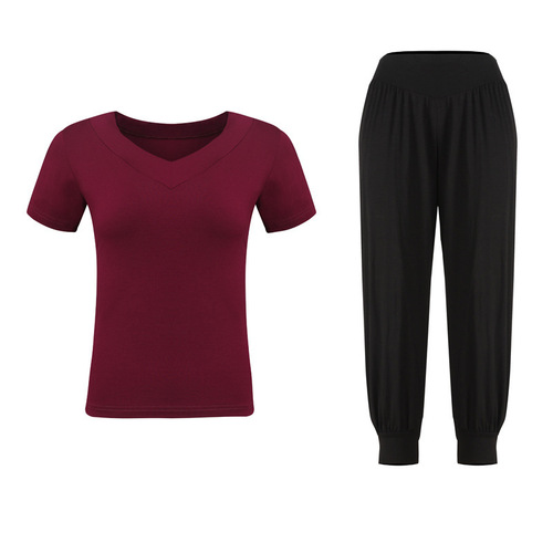 Middle-aged and elderly square dance clothing new yoga suit long and short sleeves large size dance practice fitness women's dance clothing