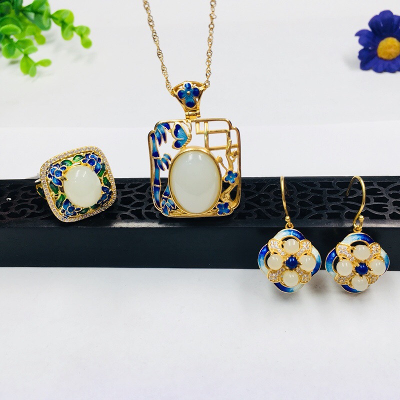 S925 Retro Set Nephrite  White jade Egg noodles suit jewelry Female models Versatile Ring Necklace/Earrings