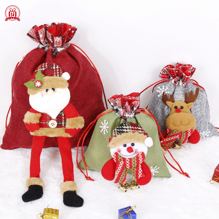 新款圣诞礼物袋圣诞老人麻布抽绳束口袋子儿童糖果礼物礼品袋批发