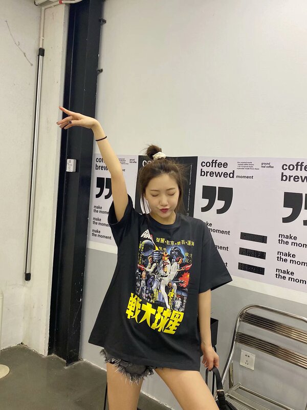 Bm Style American Star Wars Anime Retro Print Oversized Loose Short-Sleeved T-Shirt Top for Women