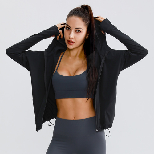 Sun protection clothing zipper hooded sports quick-drying jacket fitness yoga clothing women's casual loose version running jacket fitness