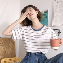 简约条纹短袖2022韩版T恤新款显瘦夏季时尚学生ins潮上衣女装批发