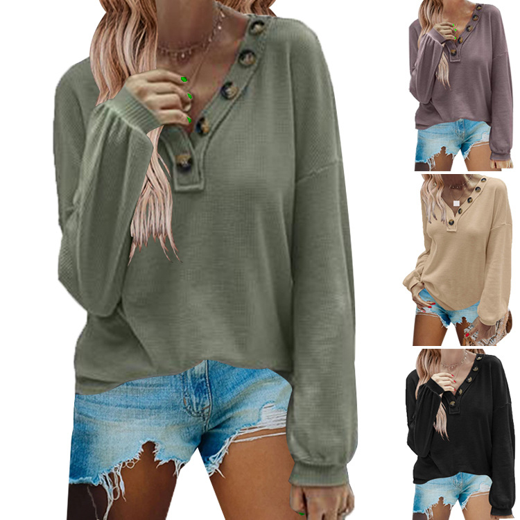 亚马逊欧美外贸T恤2020新款秋冬女装华夫格长袖V领休闲宽松上衣|ms