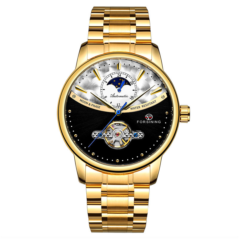 Forsining busini correa de acero los hombres negocios reloj mecánico automático inferior transparente hueco 8179