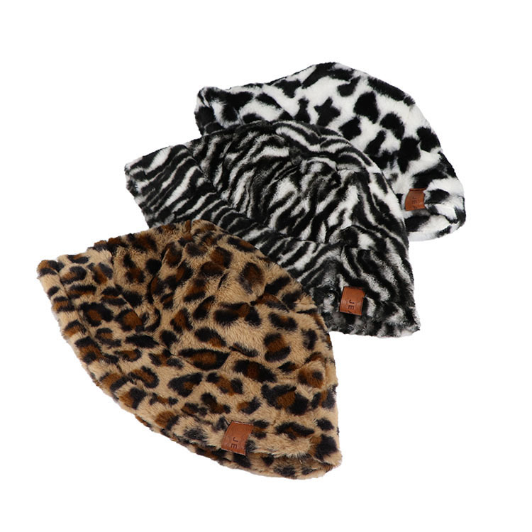 時髦斑馬紋豹紋毛絨複古漁夫帽秋冬季加厚保暖帽子女日系百搭盆帽