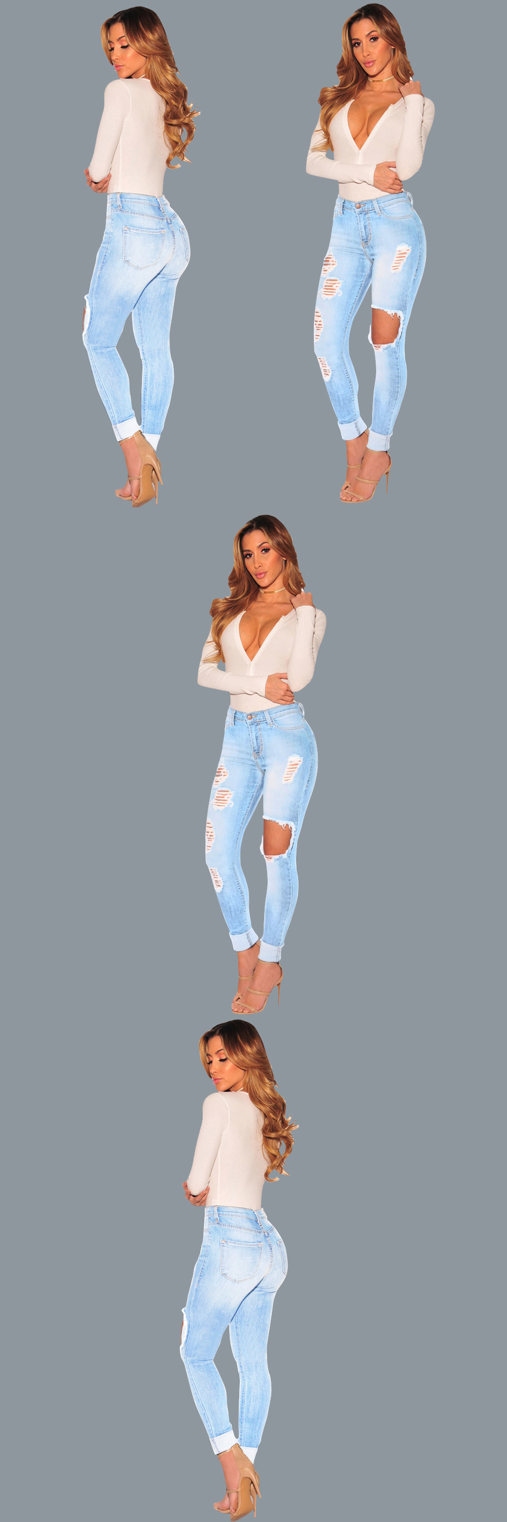 2022 New Perforated Slim Fit High Elastic Jeans Women's Pants_voghion.com