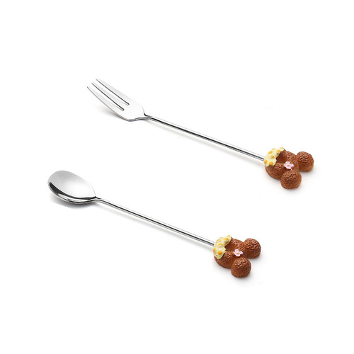 304不锈钢儿童水果勺卡通餐具甜心叉喝粥勺可爱萌趣树脂勺子2件套