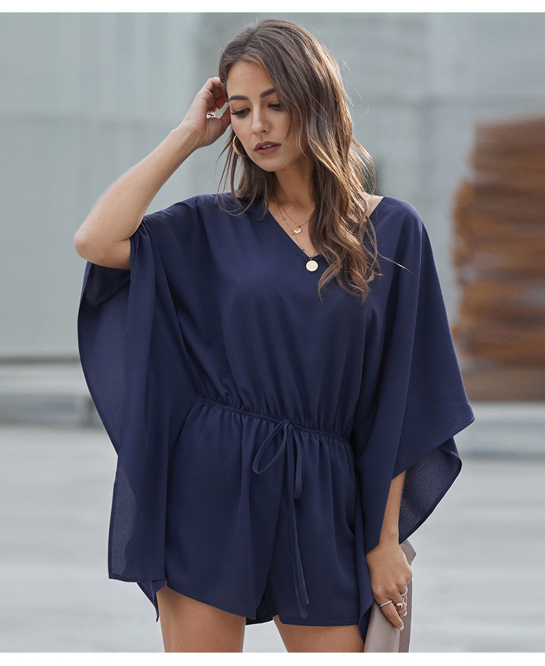 Pure color short jumpsuit summer ruffled loose hedging casual v-neck ruffled sleeve  NSSI2343