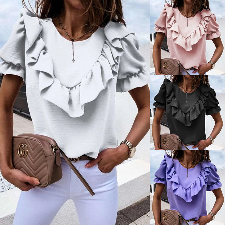 puff sleeve ruffled solid round neck shirt NSKX5982