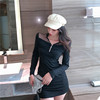 Nightclub sexy mesh stitching Nail Drill V-neck low cut slim fit buttock skirt long sleeve dress