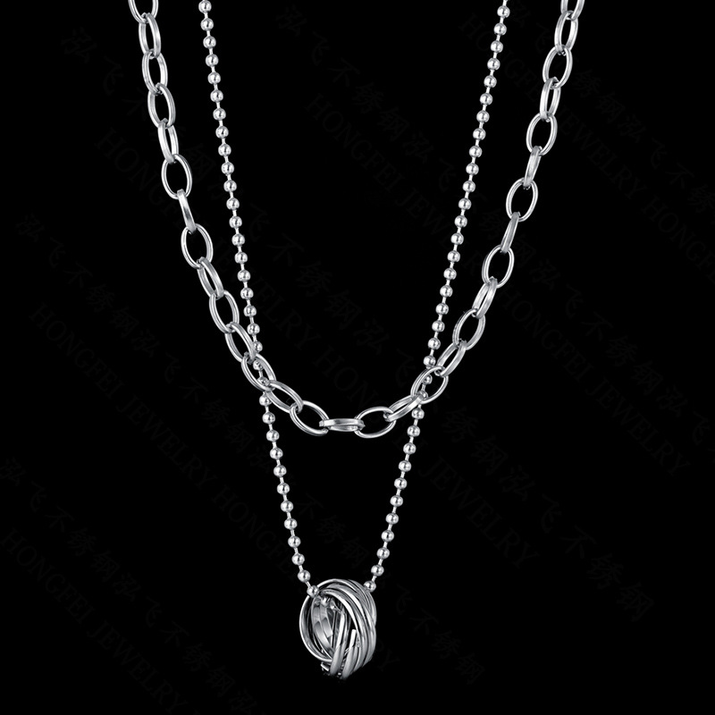 New Titanium Steel Retro Trendy  Double Ring Row Pendant Necklace For Women display picture 3