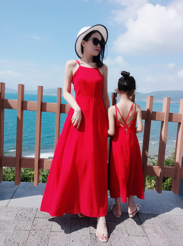 Summer Parent-Child Outfits  New Mother-Daughter Dresses Strappy Dresses Red Backless Beach Dresses Chiffon Beachwear