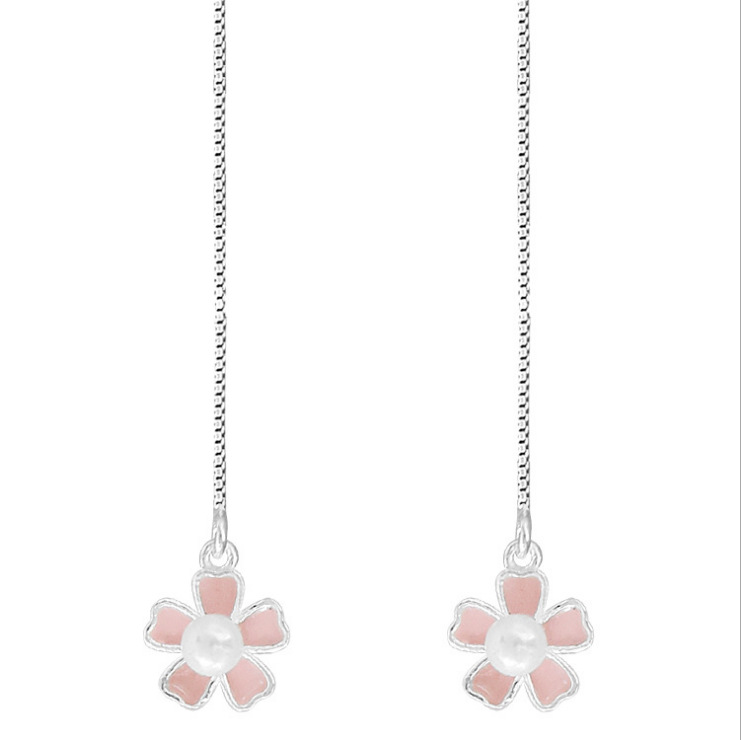 仲尼饰品 925纯银樱花耳线粉嫩花朵贝珠长款流苏耳环甜美超仙耳坠|ru