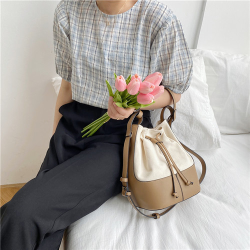Bags Women's Shoulder Bag Summer Korean Fashion Trend Messenger Bag Personalized Splicing Canvas Hand-Bucket Bucket Bag Women