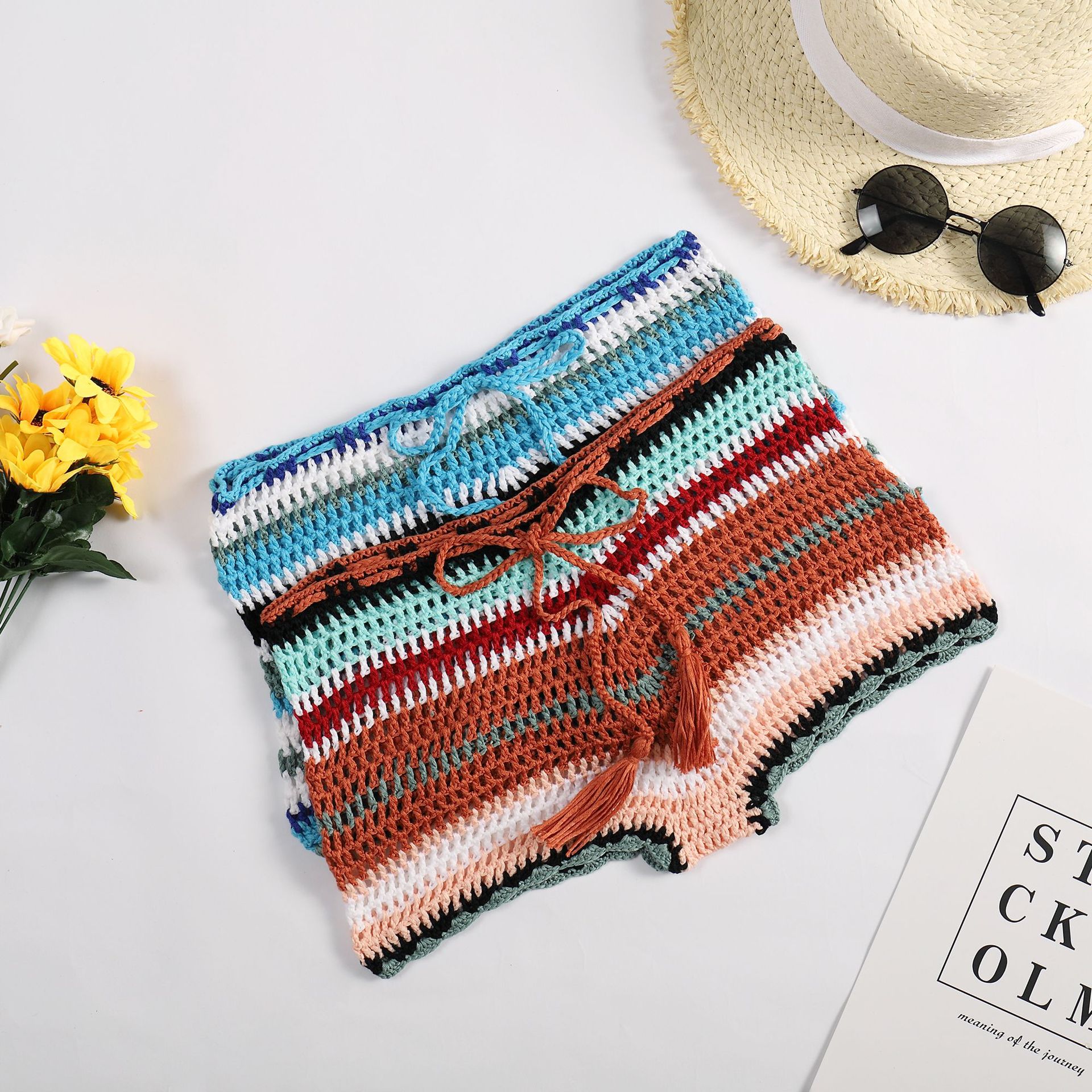 Sexy Colorful Striped Crochet Hollow Knit Beach Shorts display picture 2