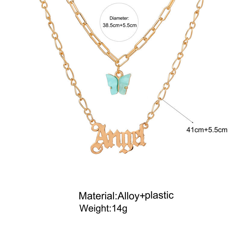 Hot-selling Butterfly Retro Multi-layer English Letter Alloy Pendant Necklace Bone Chain display picture 1