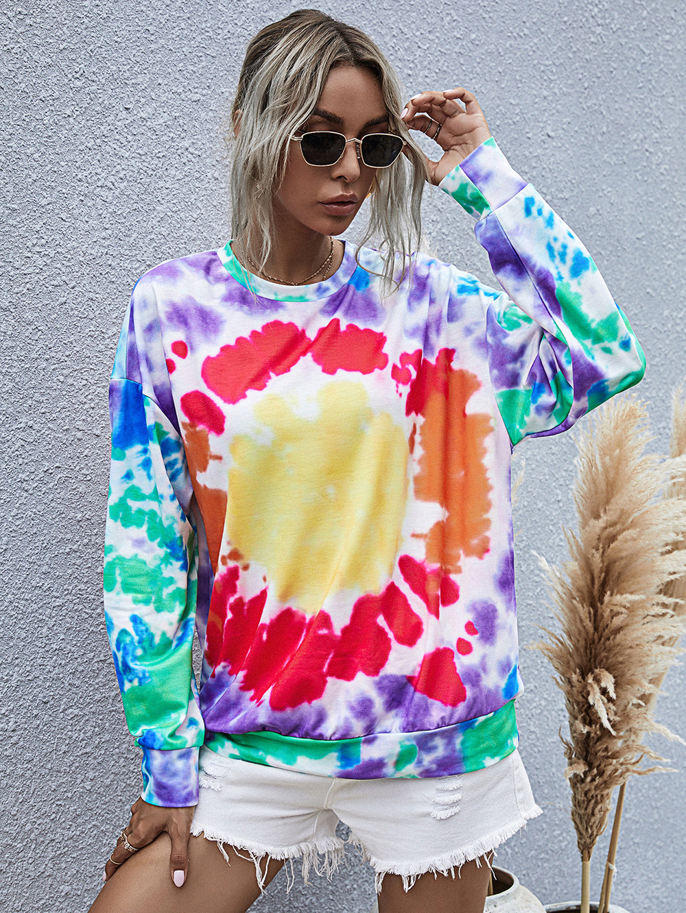 women s digital printing round neck long-sleeved tie-dye sweater  NSDF499