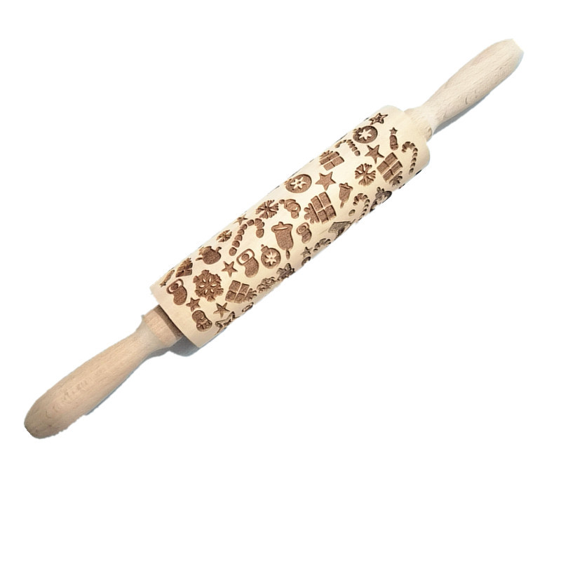 Madera Rolling pin haya grabado láser impresión Rolling pin relieve Rolling pin cuero Navidad fondant galleta presionando palo