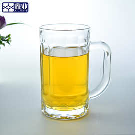 供应创意玻璃啤酒杯大容量把手杯夜市烧烤带把扎啤杯加厚可印LOGO