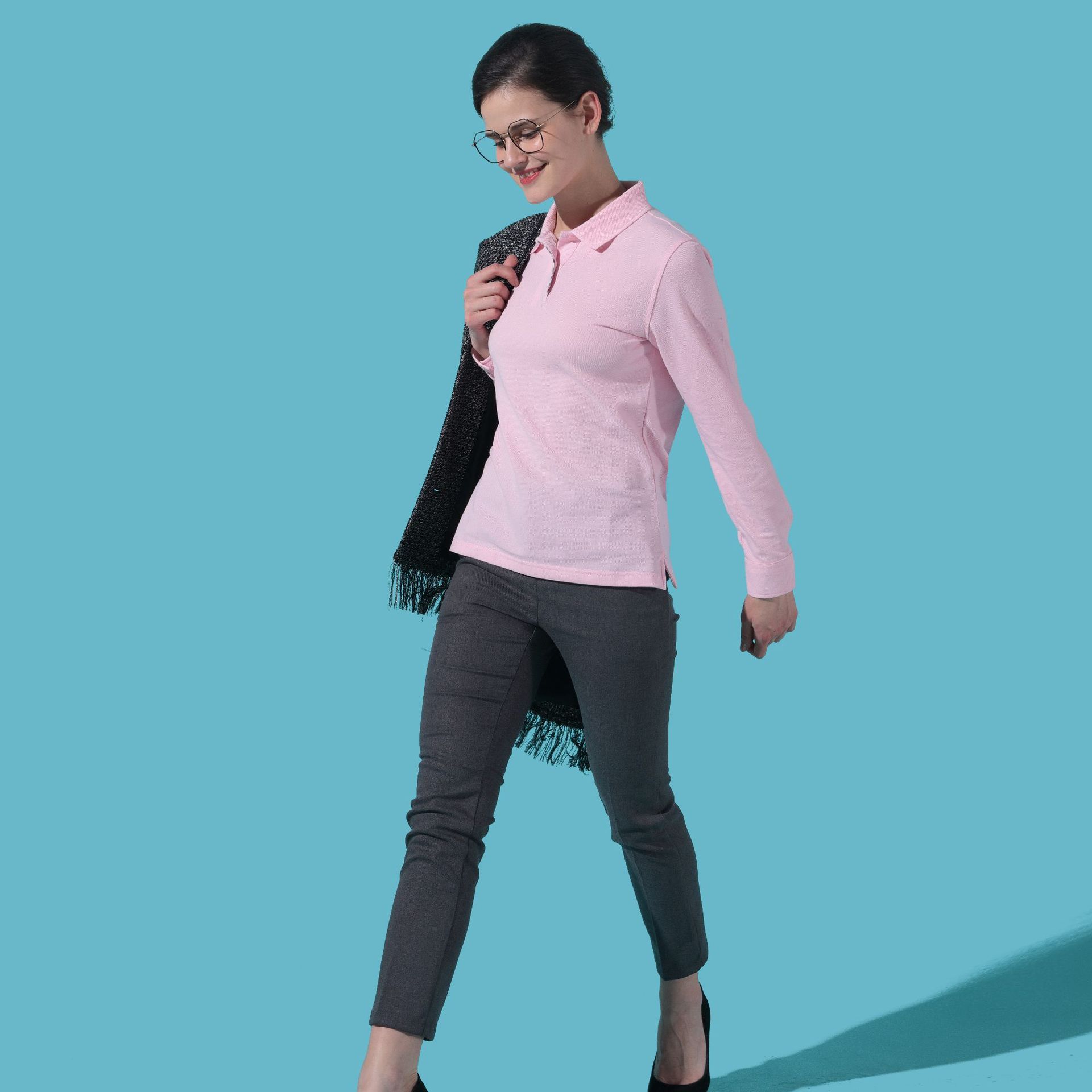 高端時尚翻領長袖T恤衫文化衫女Polo衫批發定制印Logo