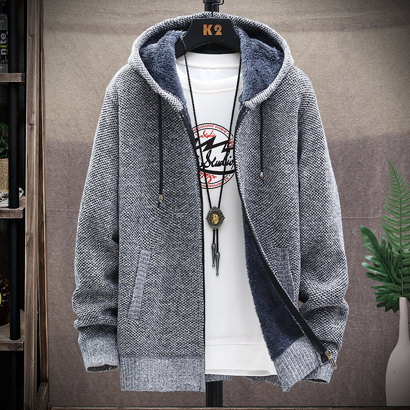 Men'S Sweater New Style Hooded Cardigan Plush Sweater