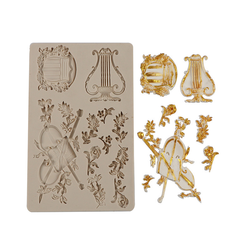 Corte de estilo europeo molde de pastel de fondant vintage arpa cello molde de silicona ritmo seco molde fondant de chocolate