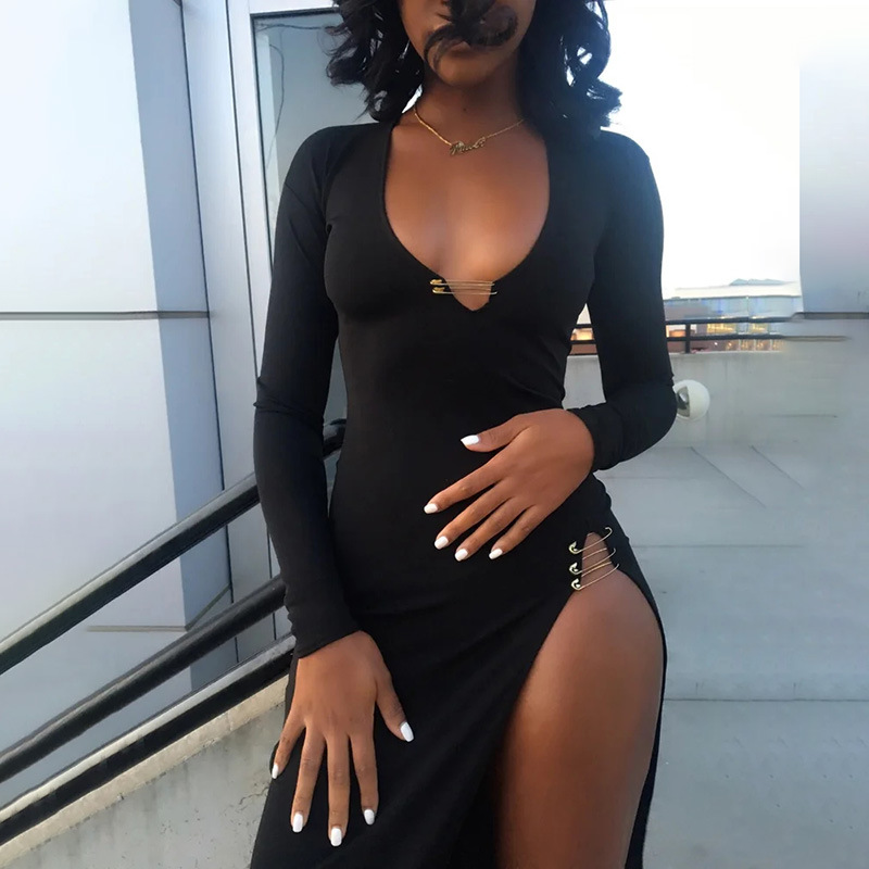 High Slit Pin Solid Color Slit Dress NSAFS102497