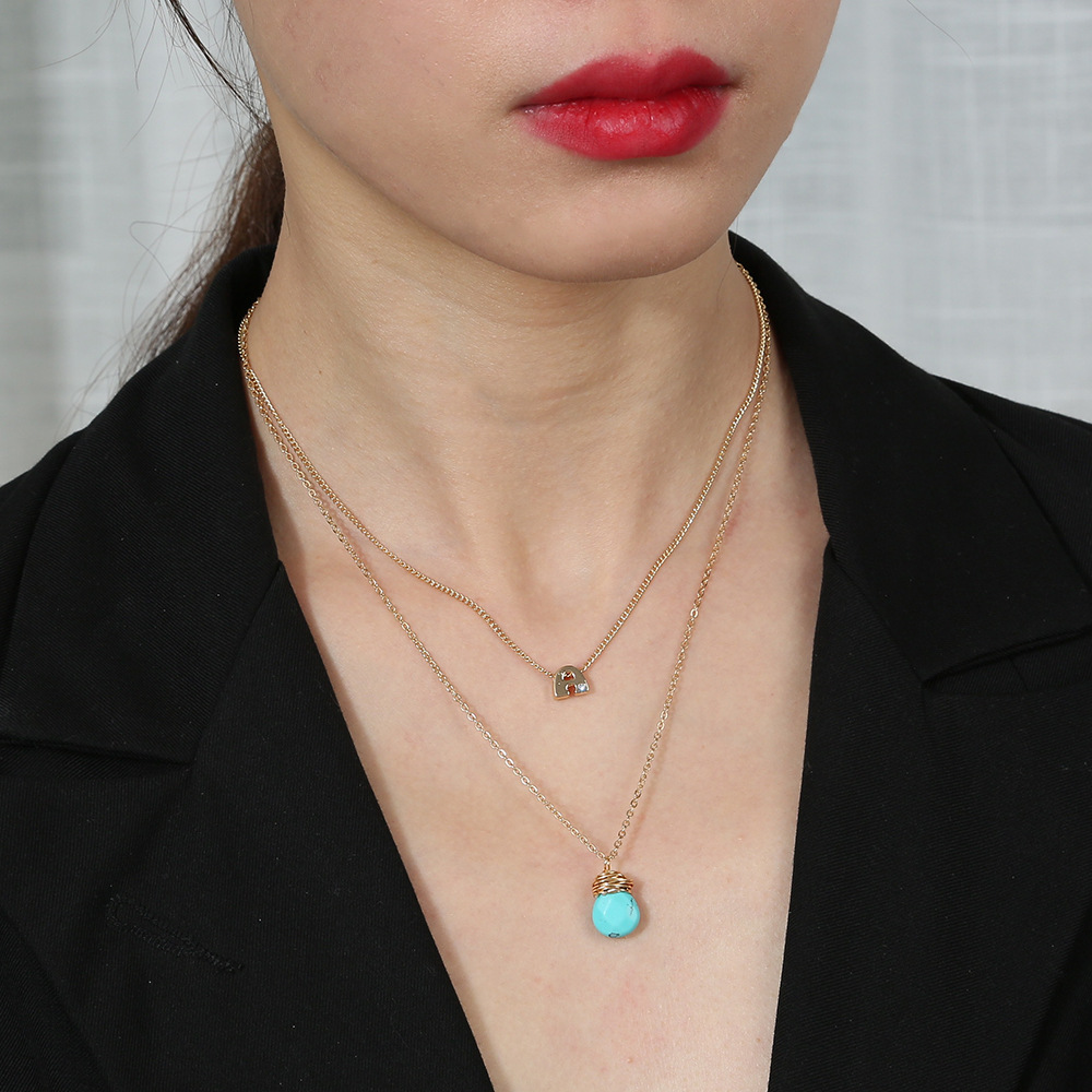 Fashion Geometric Turquoise Water Drop Double Layer Alloy Necklace display picture 2