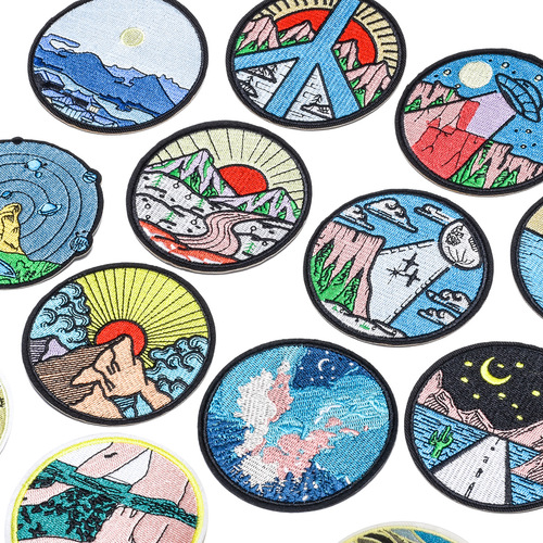 Hot selling landscape circular embroidery badge cloth patch cross-border specializes in high-end clothing accessories DIY adhesive patch patch