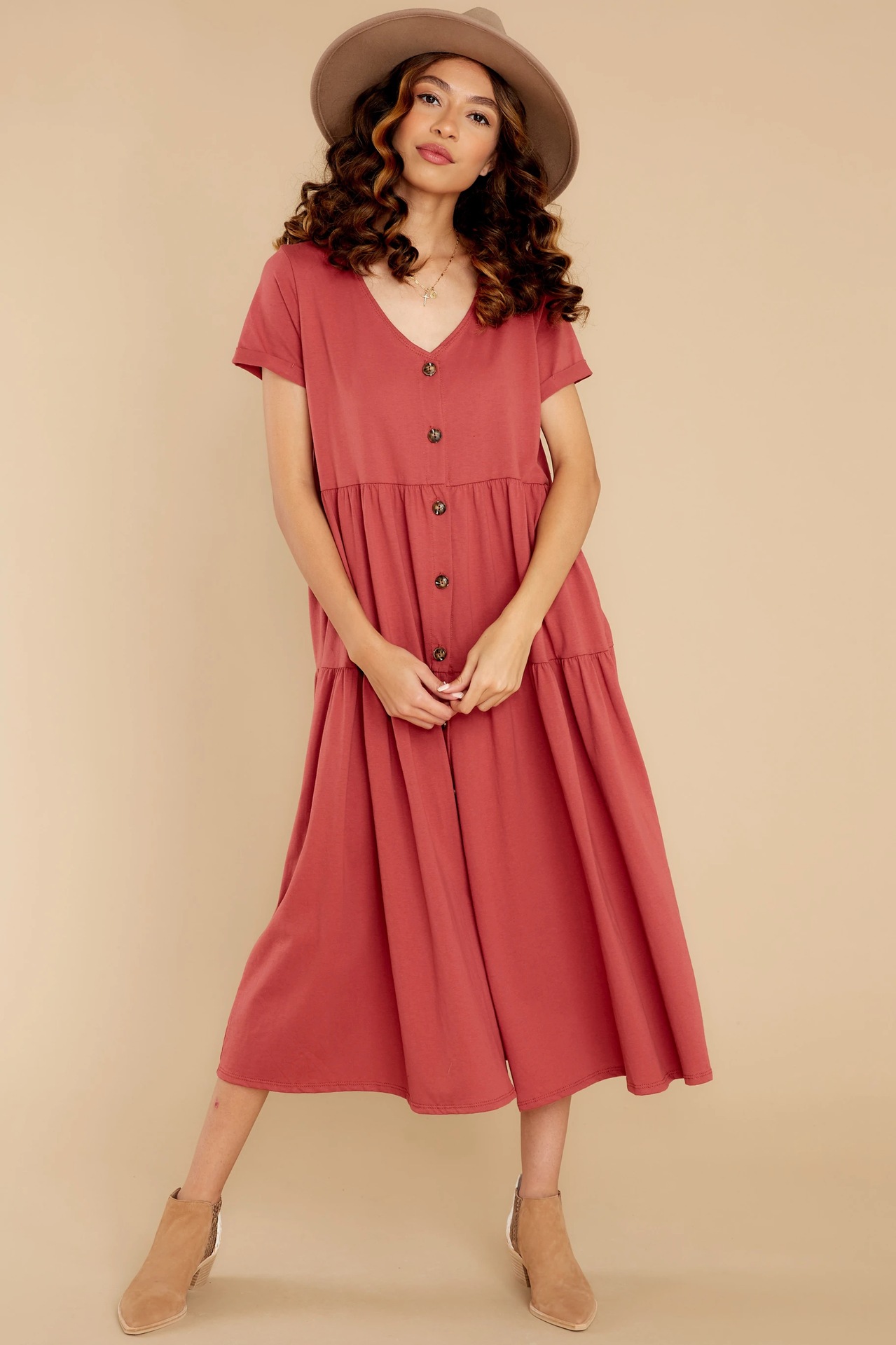 solid color short-sleeved v-neck single-breasted mid-length casual dress （multicolor） NSCXY121996