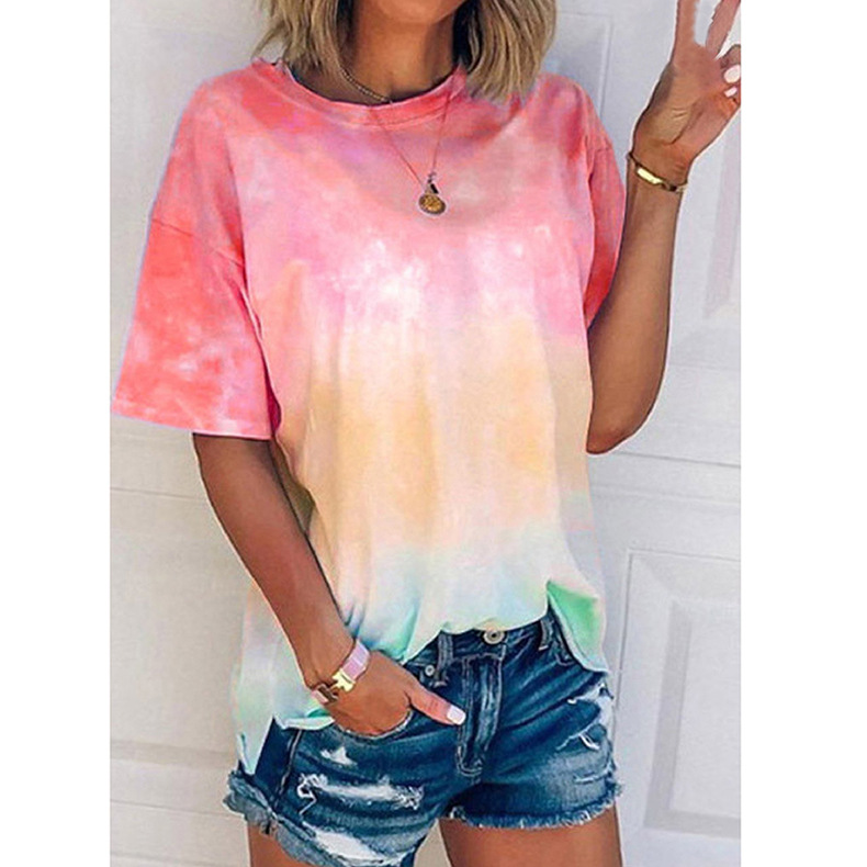 new women s loose round neck tie-dye printing T-shirt top NSKX8446